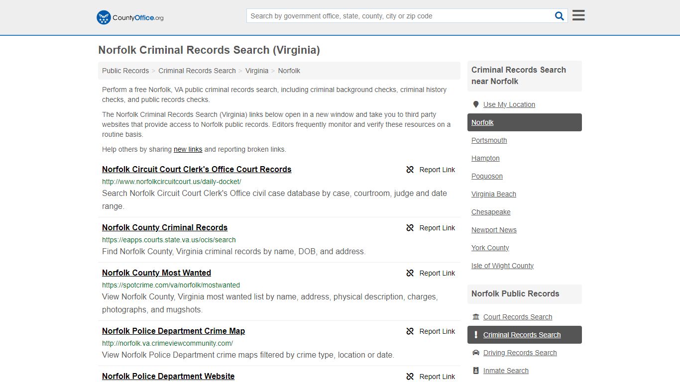 Norfolk Criminal Records Search (Virginia) - County Office
